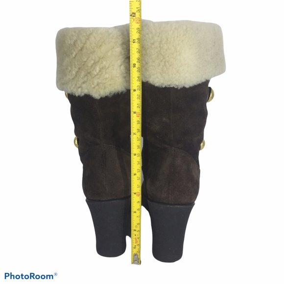 COACH 9M Wedge Mid Calf Booties Brown Suede Leather Fleece Winter - Picture 5 of 13